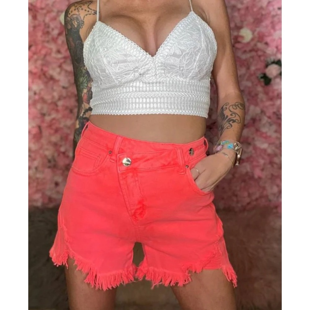 Risen Jeans NWT Coral Pink High Rise Frayed Cutoff Denim Shorts XL RDS6004 Neon - Picture 10 of 10